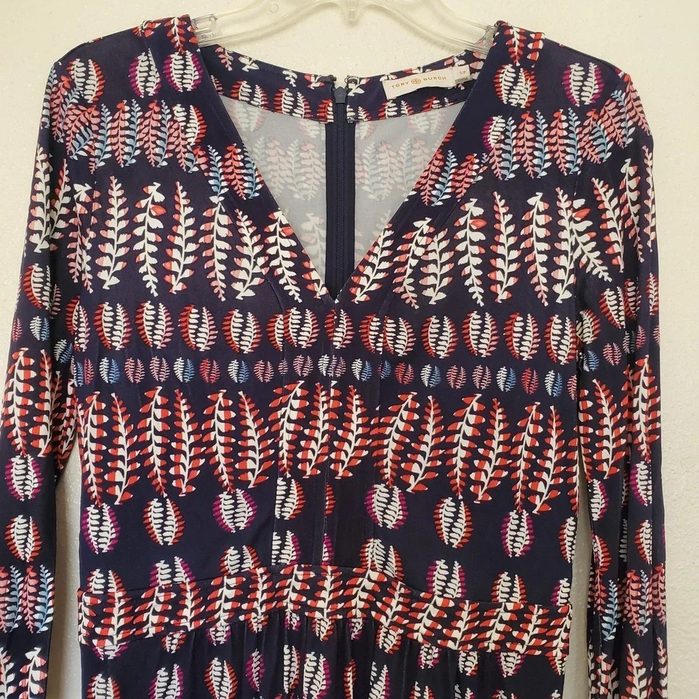 Tory Burch Navy Red Leaf Print V-Neck Long Sleeve Jersey Dress Small 51152494